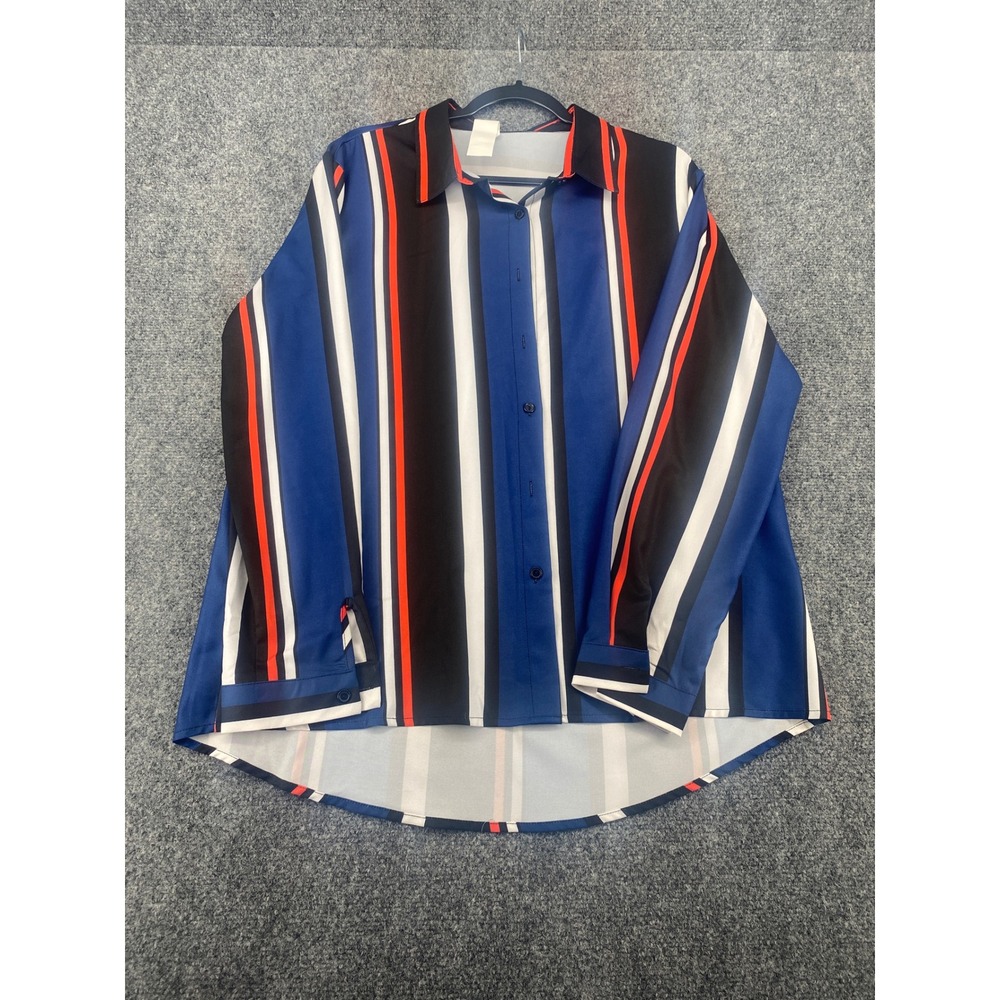 Unbranded Vertical Stripe Button Down Shirt Womens XL Blue Black High Low Blouse